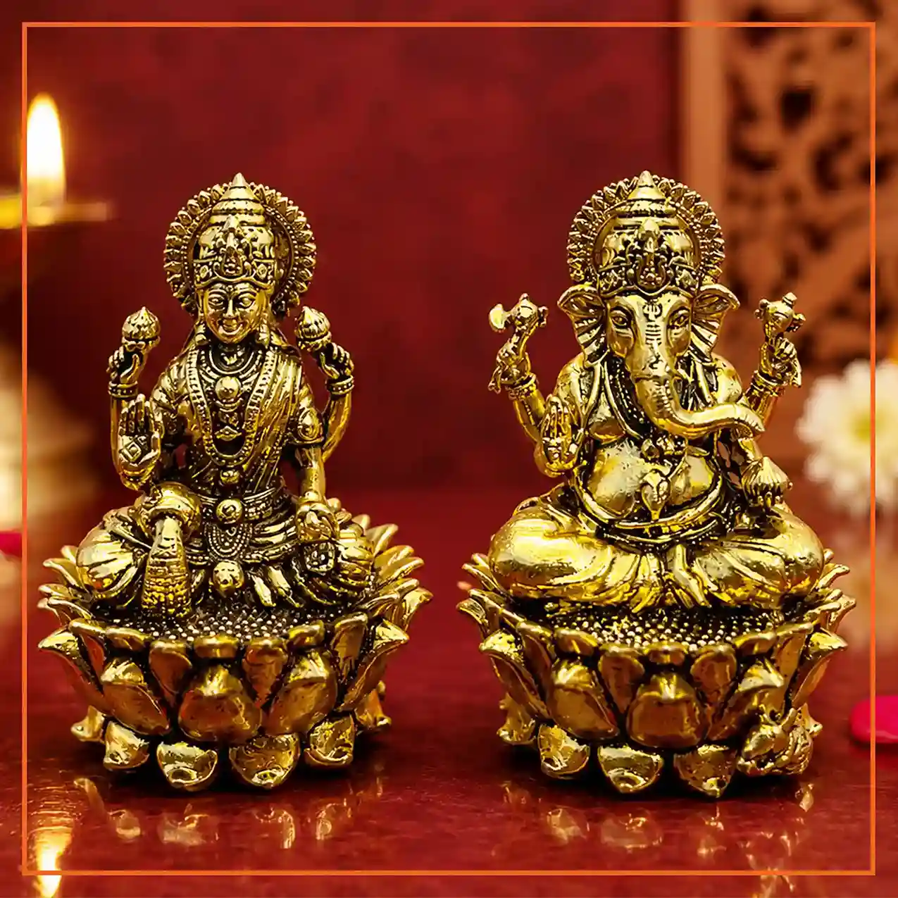Brass Lakshmi Ganesh Idol on Blooming Lotus Base Set | 7 cm